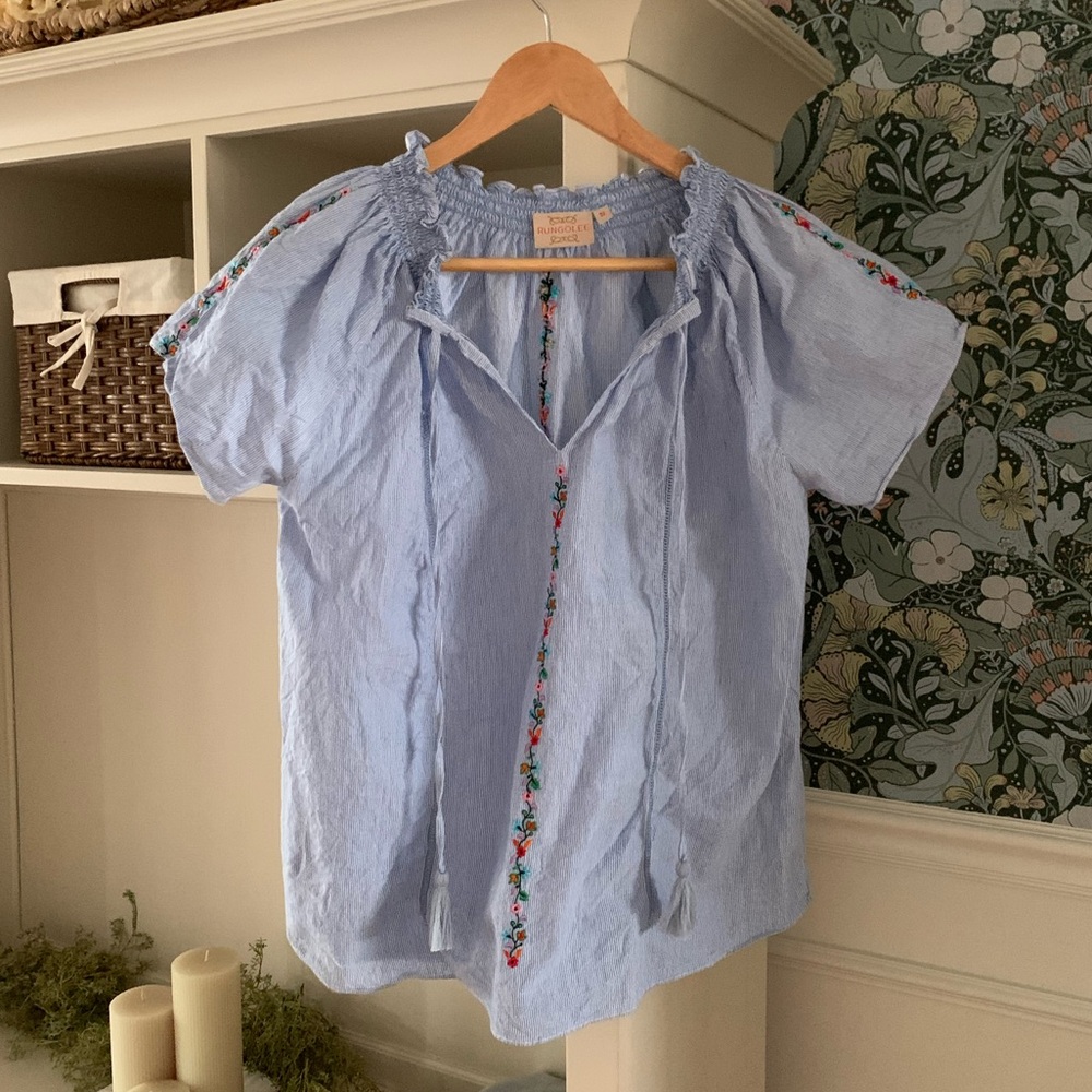 Rungolee Blue Striped Drawstring Blouse Size S 100% Cotton